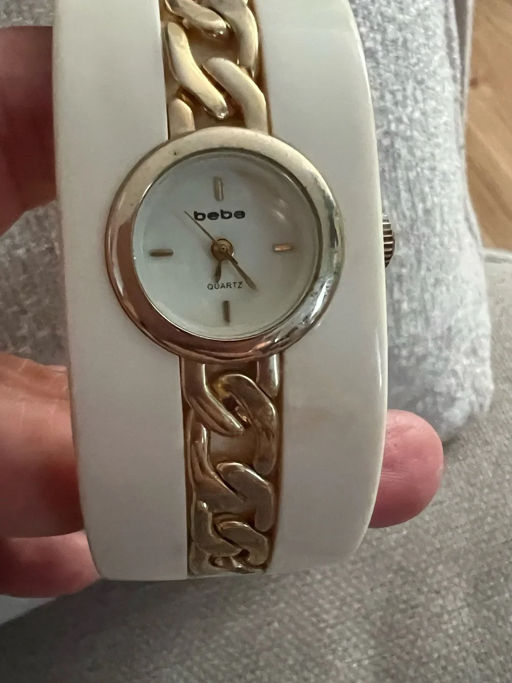 bebe White and Gold Chain Bangle Watch